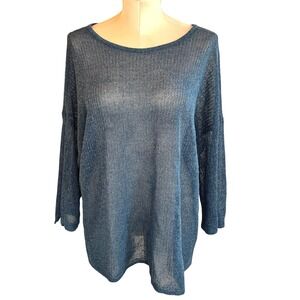 J. Jill Women XL Blue Linen Blend Open Knit Pullover Sweater Coastal Relaxed
